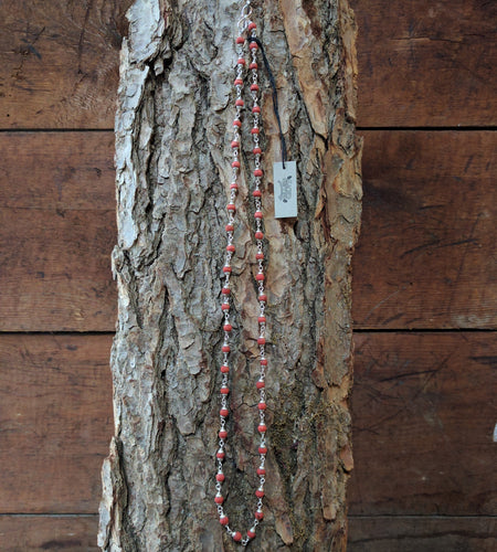 Tulsi necklace silver round cap red beads