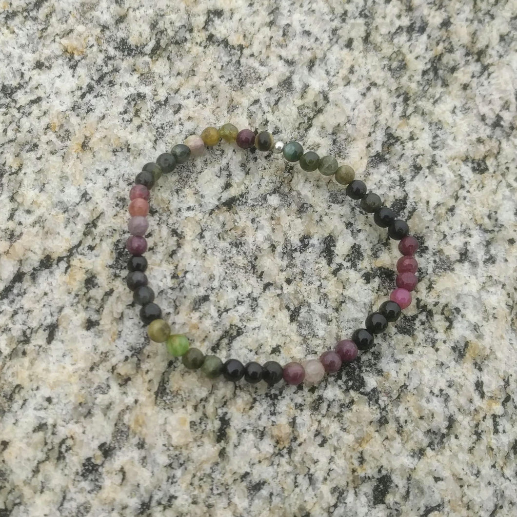 Rainbow Tourmaline bracelet, 4mm round stone beads on elastic