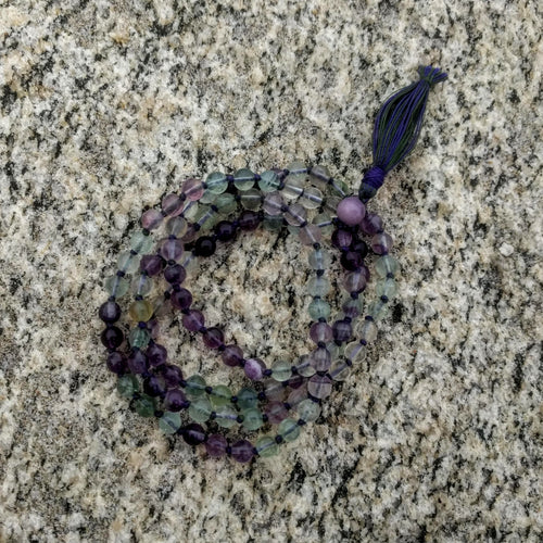 Purple-Green Fluorite mala, 108 bead knotted