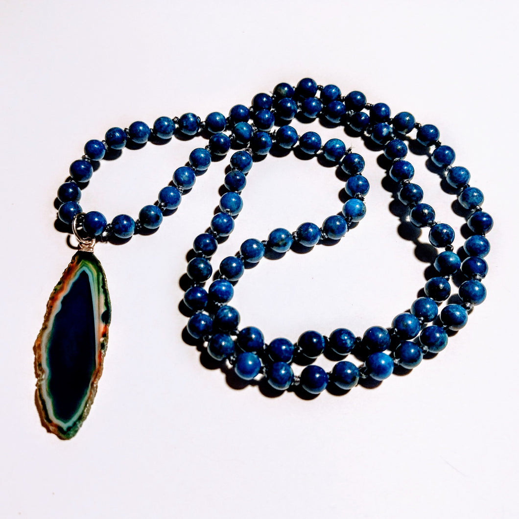 Lapis Mala Necklace with Agate Geode Pendant
